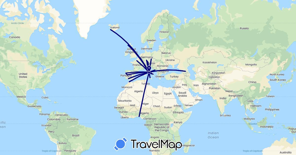 TravelMap itinerary: driving in Bosnia and Herzegovina, Belgium, Switzerland, Czech Republic, Germany, Spain, France, United Kingdom, Georgia, Iceland, Italy, Morocco, Nigeria, Portugal (Africa, Asia, Europe)